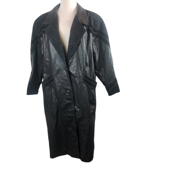 Vintage Venezia Lane Bryant Long Leather Embroidered Coat Black Plus 3X H12284 - Picture 2 of 8